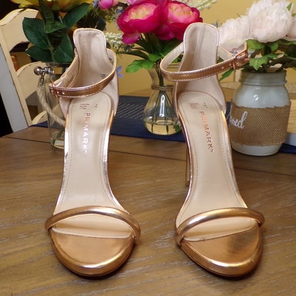 Primark Metallic Rose Gold Copper Minimalist Ankle Strap Leather Heels - Used - Picture 2 of 7